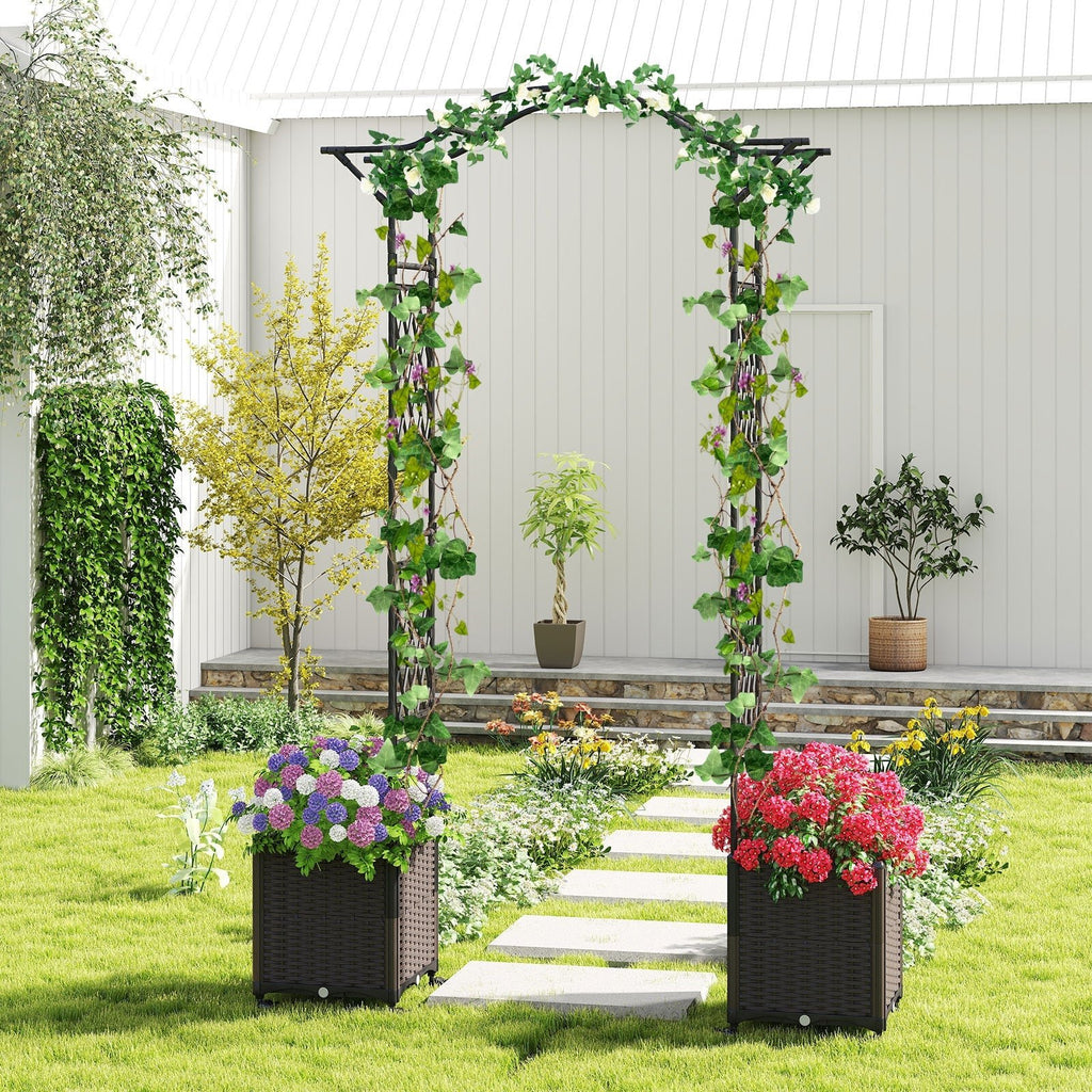 82 x 99 Inch Garden Arch Trellis with 2 Self-Watering Planter Boxes Wheels-Black - Cheeky Garden