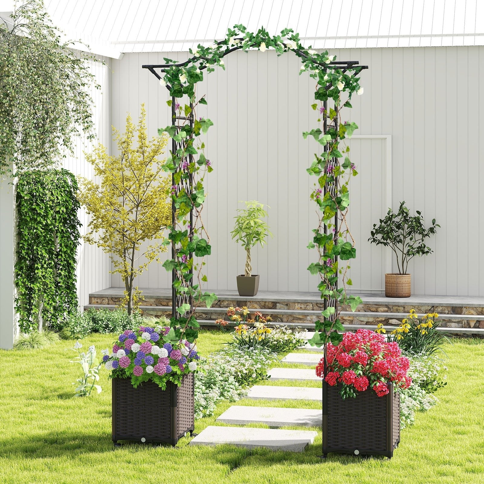 82 x 99 Inch Garden Arch Trellis with 2 Self-Watering Planter Boxes Wheels-Black - Cheeky Garden