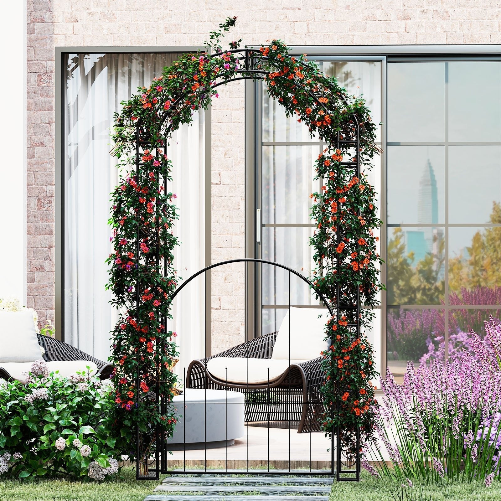 84 Inch Tall Garden Arch Metal Arbor Archway with Gate - Cheeky Garden