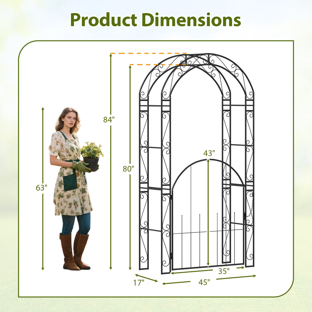 84 Inch Tall Garden Arch Metal Arbor Archway with Gate - Cheeky Garden