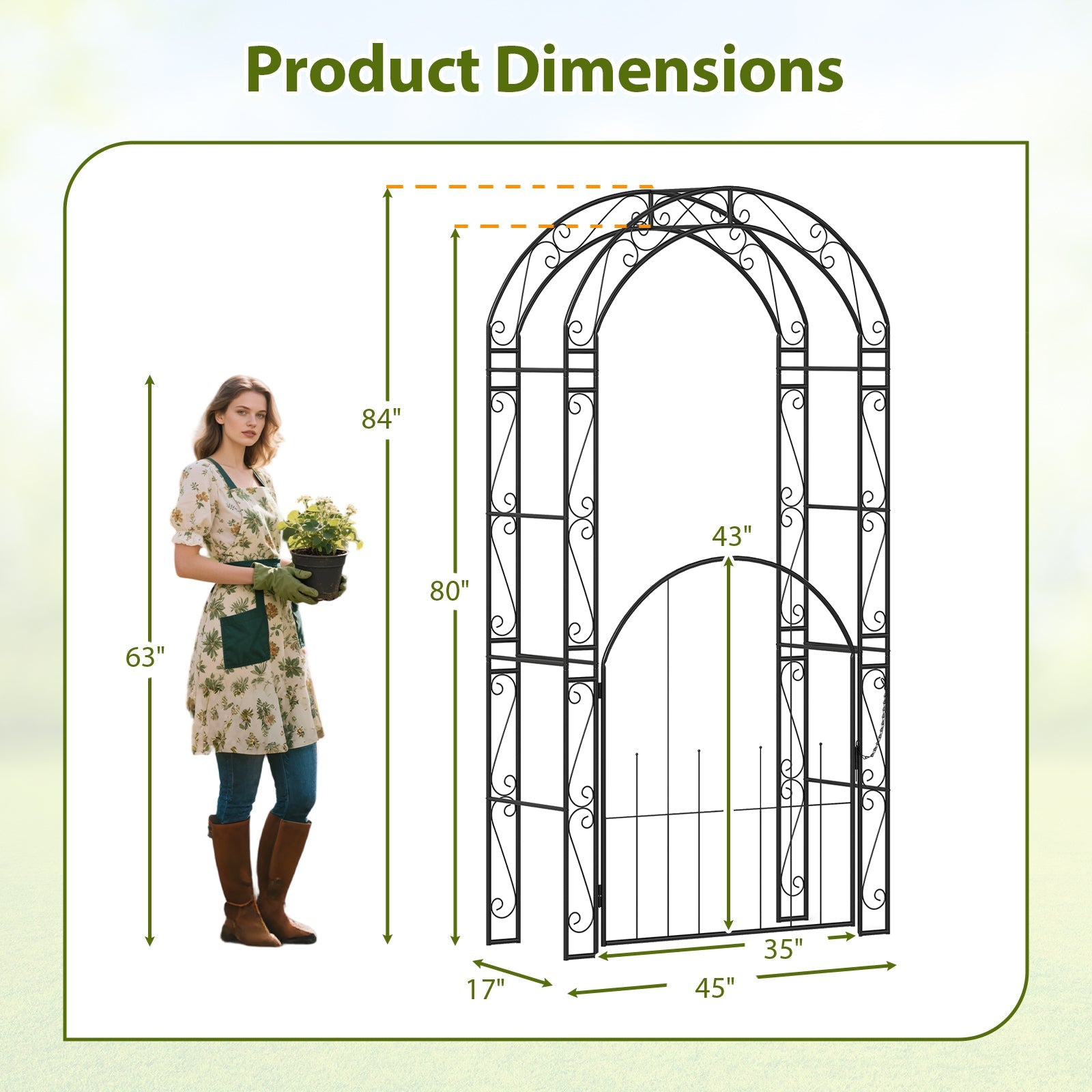 84 Inch Tall Garden Arch Metal Arbor Archway with Gate - Cheeky Garden