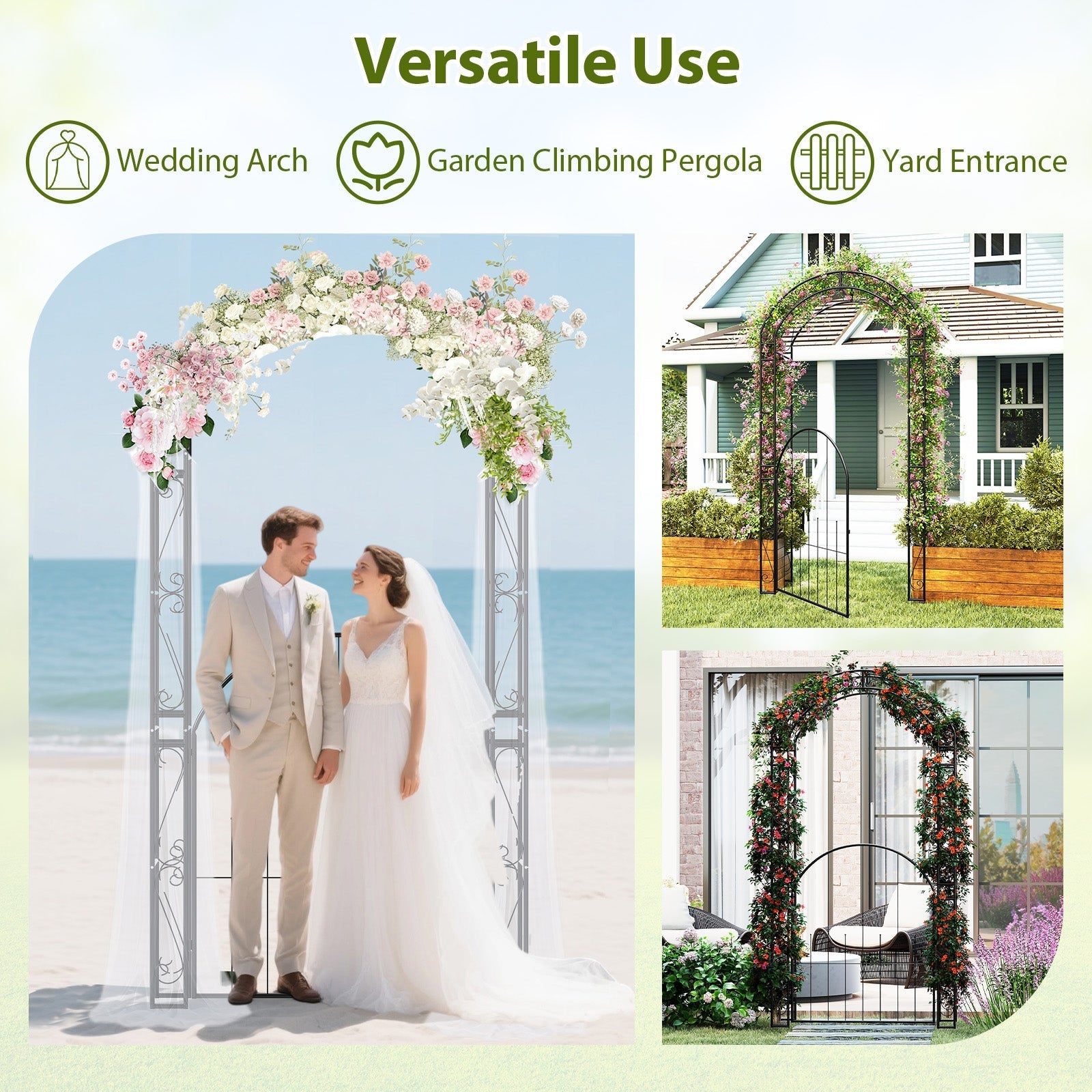 84 Inch Tall Garden Arch Metal Arbor Archway with Gate - Cheeky Garden