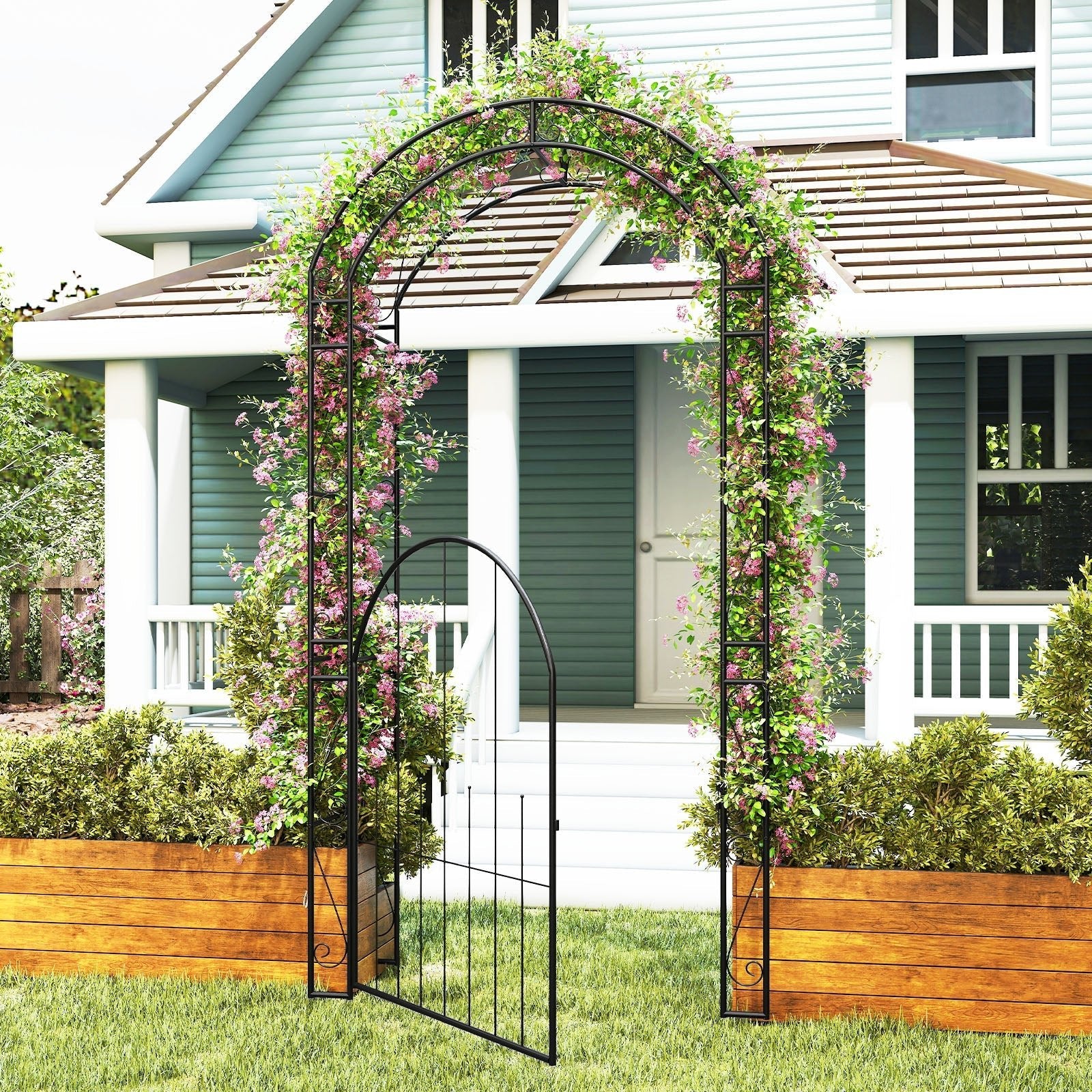 84 Inch Tall Garden Arch Metal Arbor Archway with Gate - Cheeky Garden