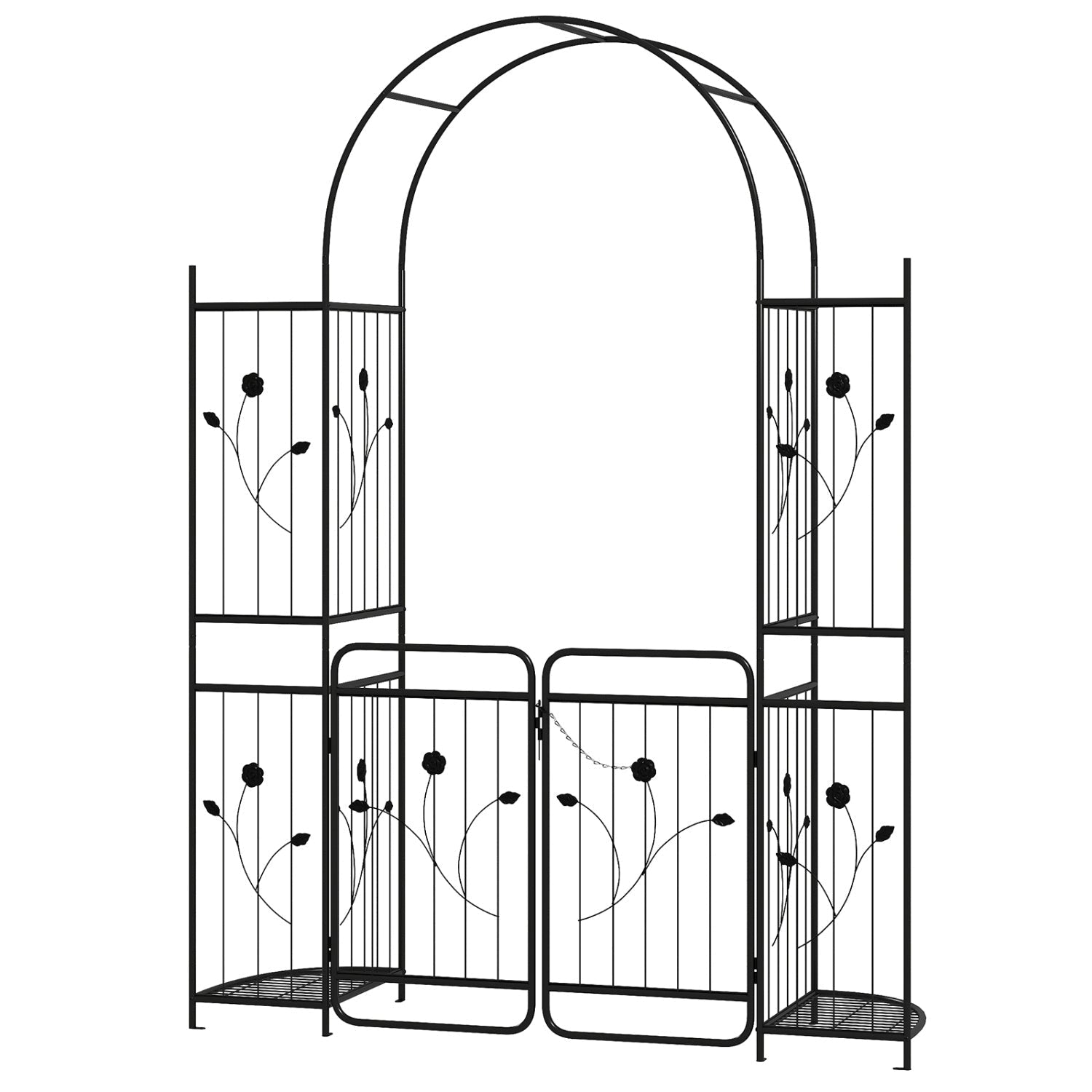 87 inch Tall Garden Arch with Gate Planter Shelves Climbing Trellises - Cheeky Garden