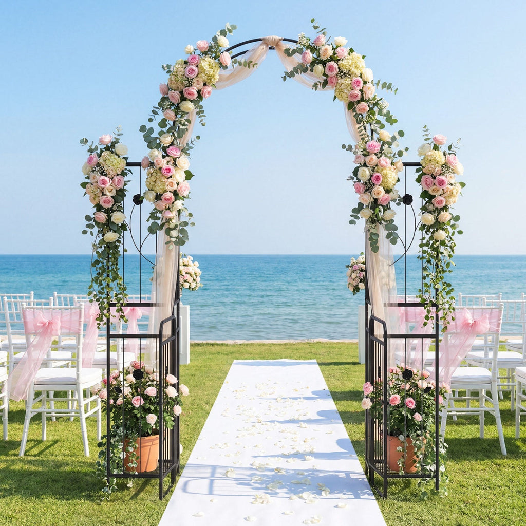 87 inch Tall Garden Arch with Gate Planter Shelves Climbing Trellises - Cheeky Garden