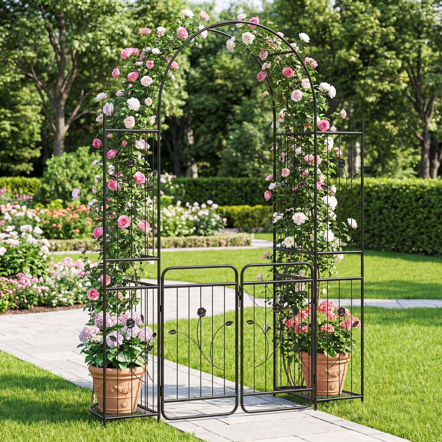 87 inch Tall Garden Arch with Gate Planter Shelves Climbing Trellises - Cheeky Garden