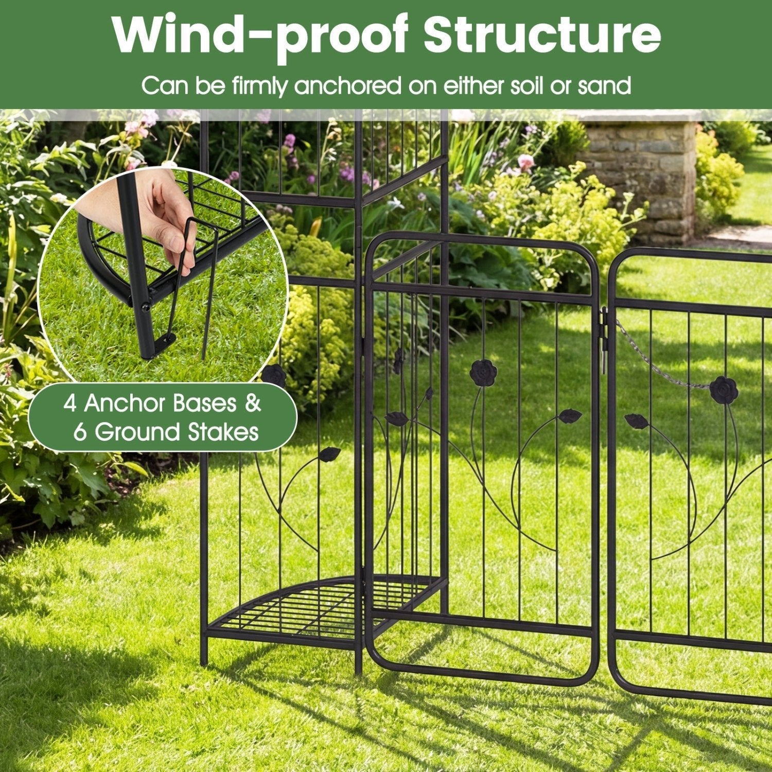 87 inch Tall Garden Arch with Gate Planter Shelves Climbing Trellises - Cheeky Garden