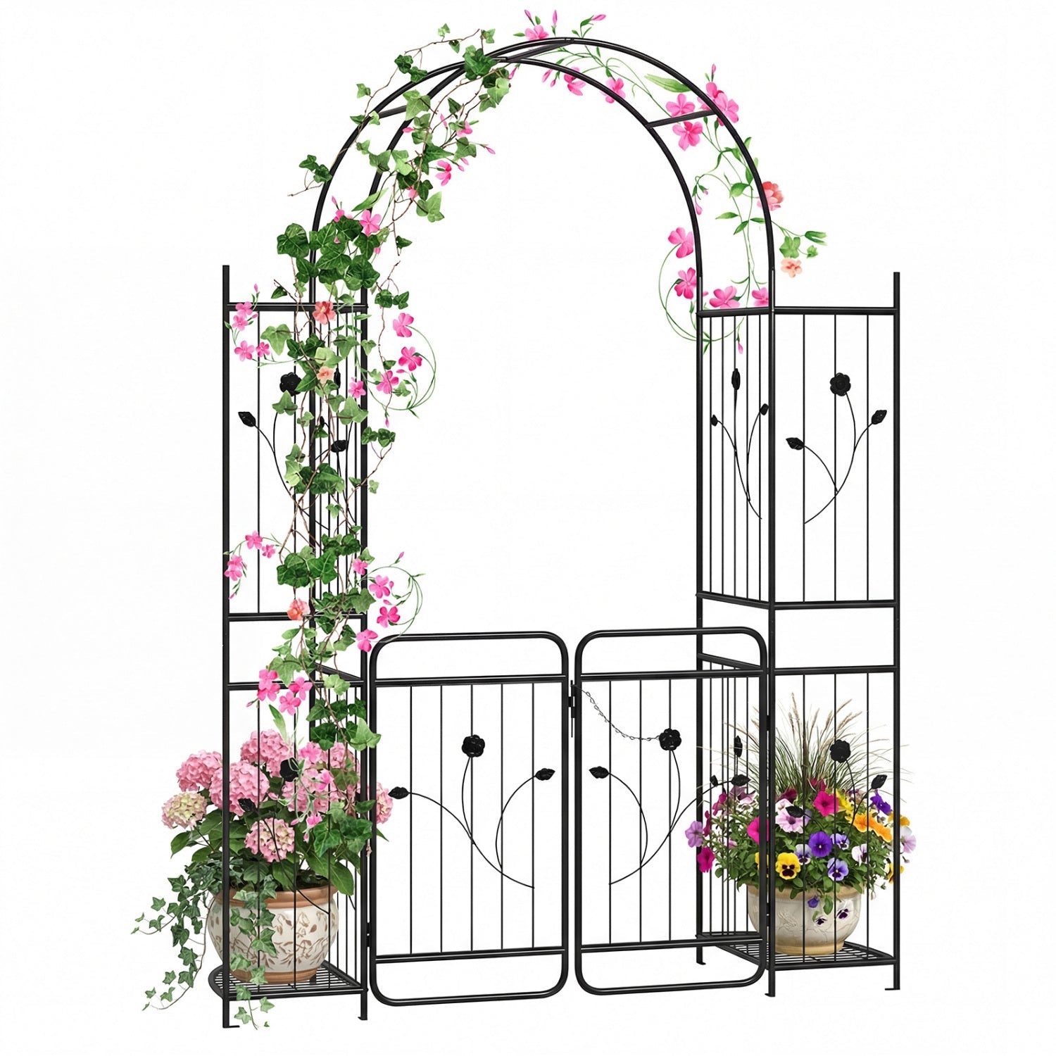 87 inch Tall Garden Arch with Gate Planter Shelves Climbing Trellises - Cheeky Garden