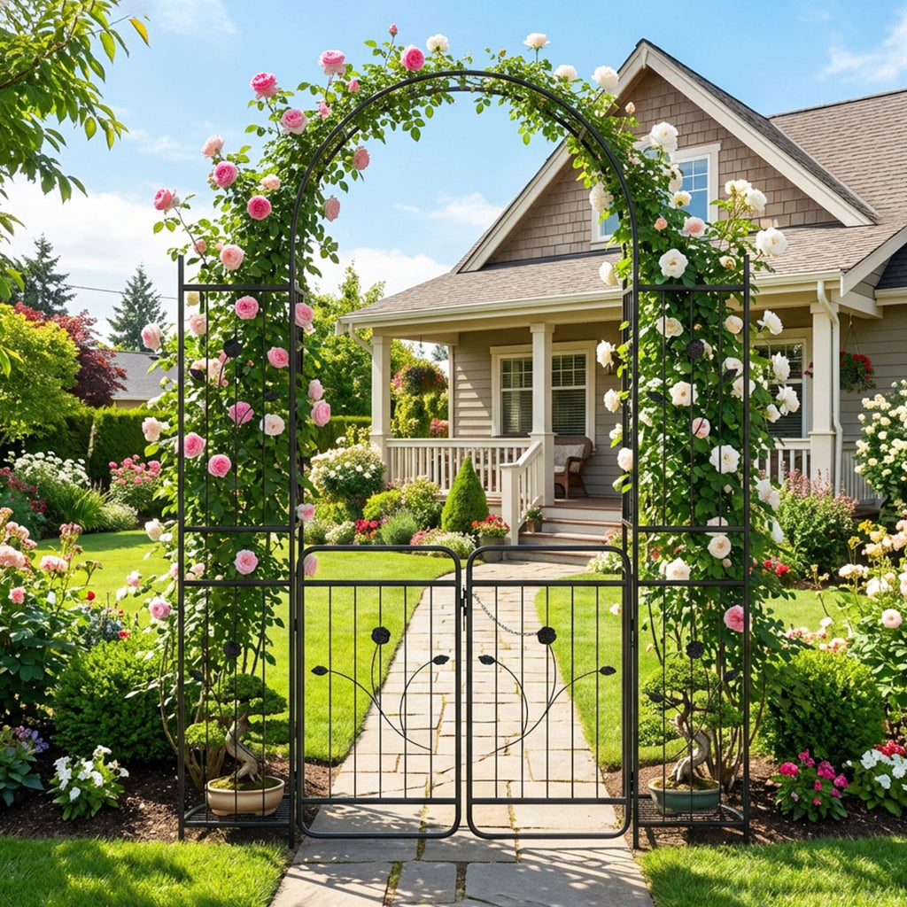 87 inch Tall Garden Arch with Gate Planter Shelves Climbing Trellises - Cheeky Garden
