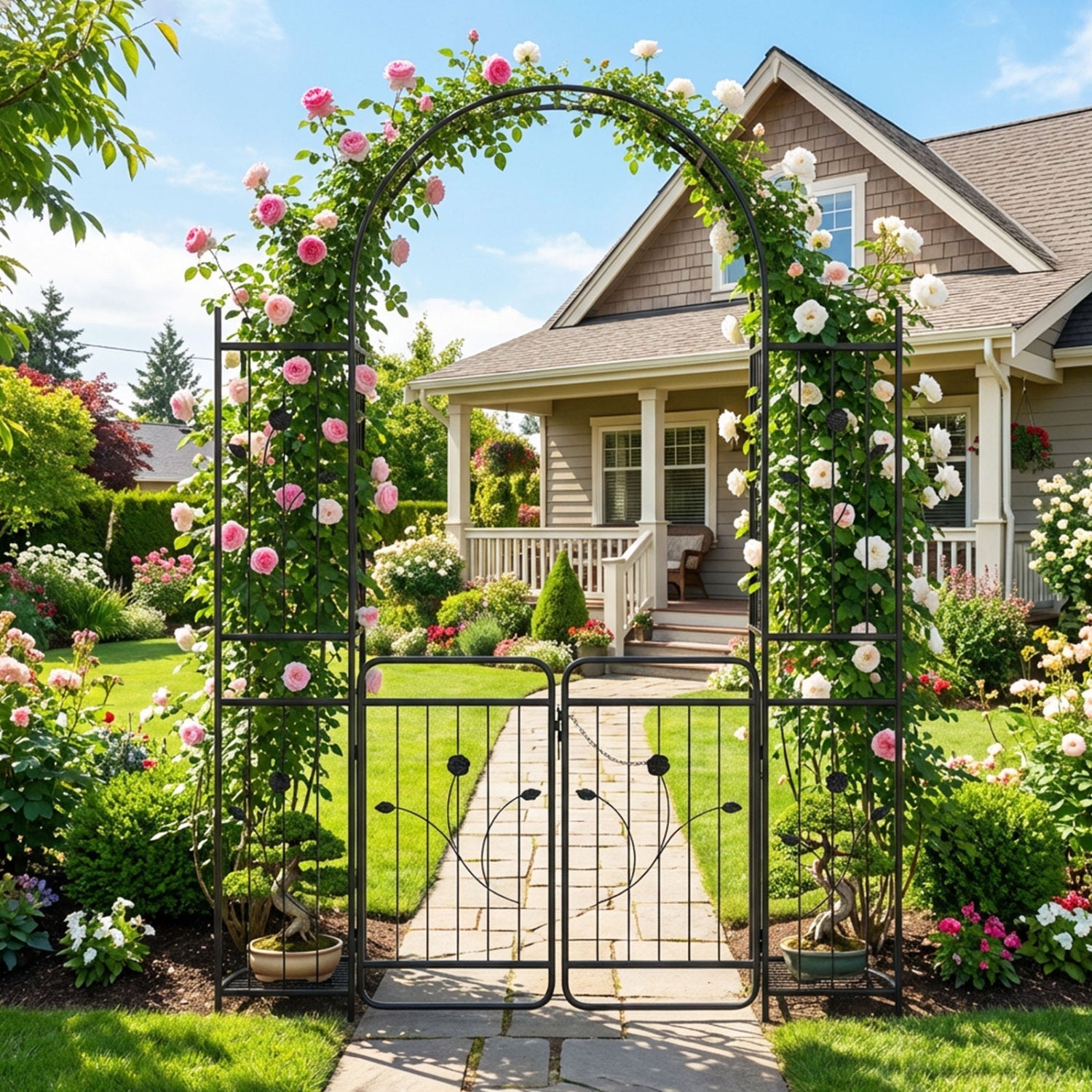 87 inch Tall Garden Arch with Gate Planter Shelves Climbing Trellises - Cheeky Garden