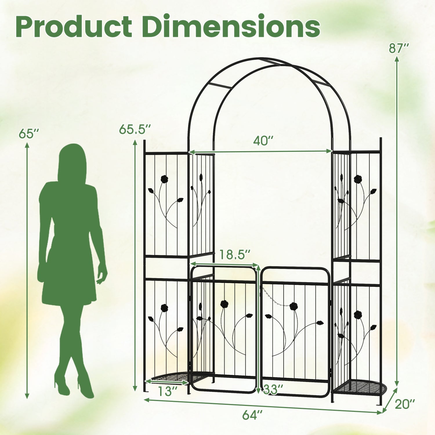87 inch Tall Garden Arch with Gate Planter Shelves Climbing Trellises - Cheeky Garden