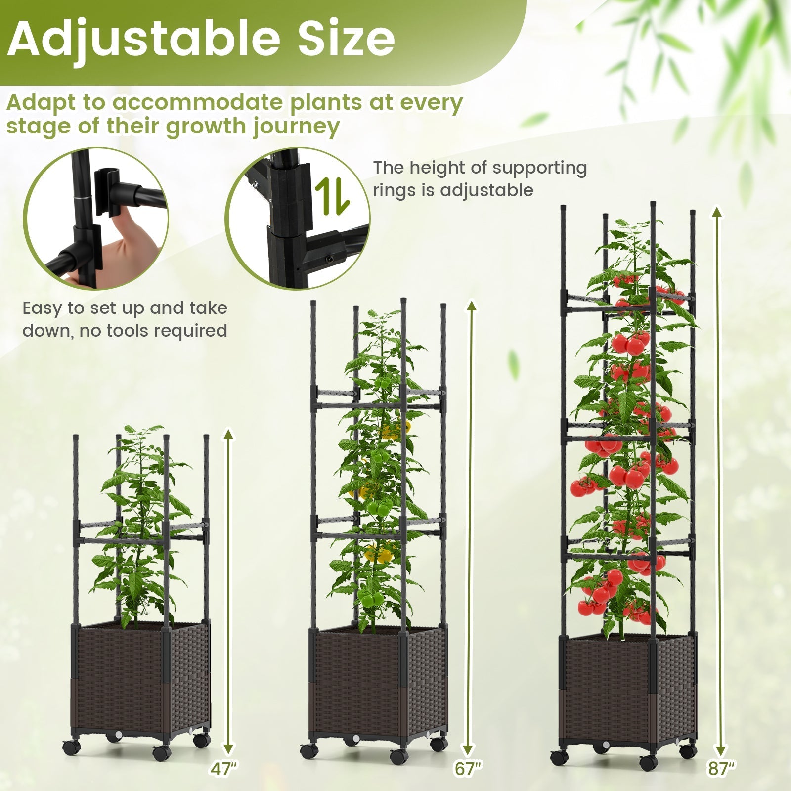 87 Inch Tall Raised Garden Bed with Plant Box Trellis and Lockable Wheels Adjustable Height - Cheeky Garden