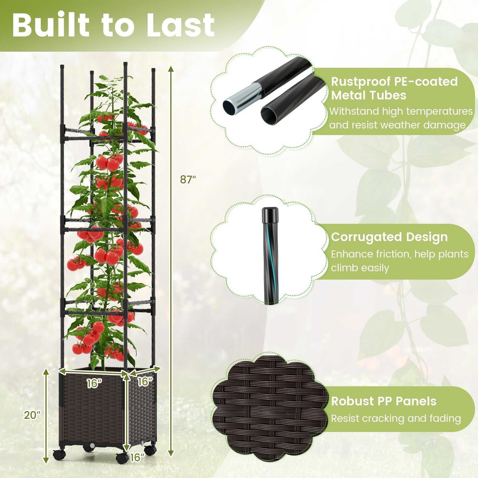 87 Inch Tall Raised Garden Bed with Plant Box Trellis and Lockable Wheels Adjustable Height - Cheeky Garden