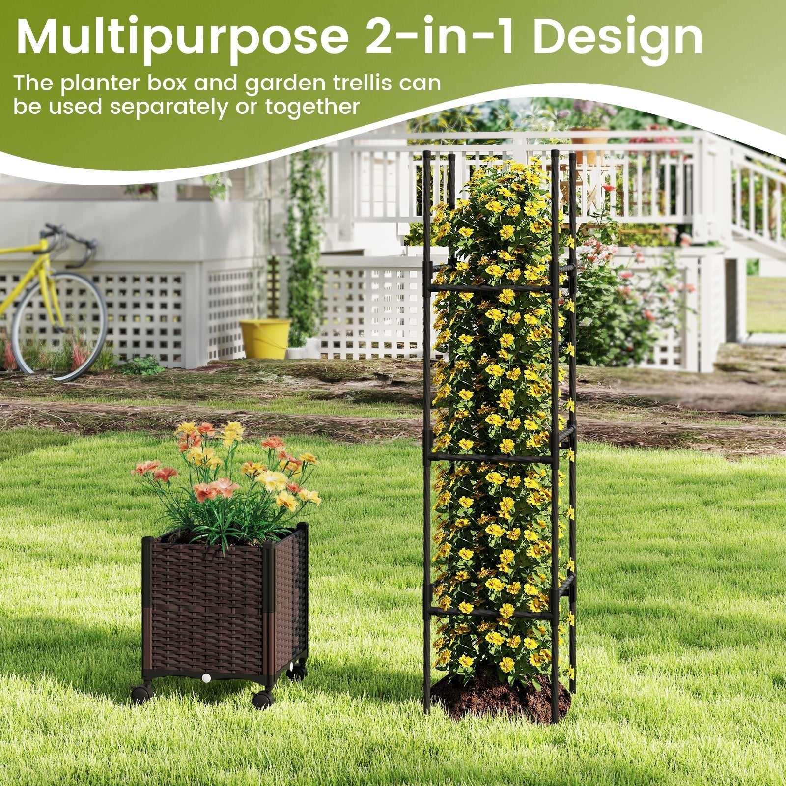 87 Inch Tall Raised Garden Bed with Plant Box Trellis and Lockable Wheels Adjustable Height - Cheeky Garden