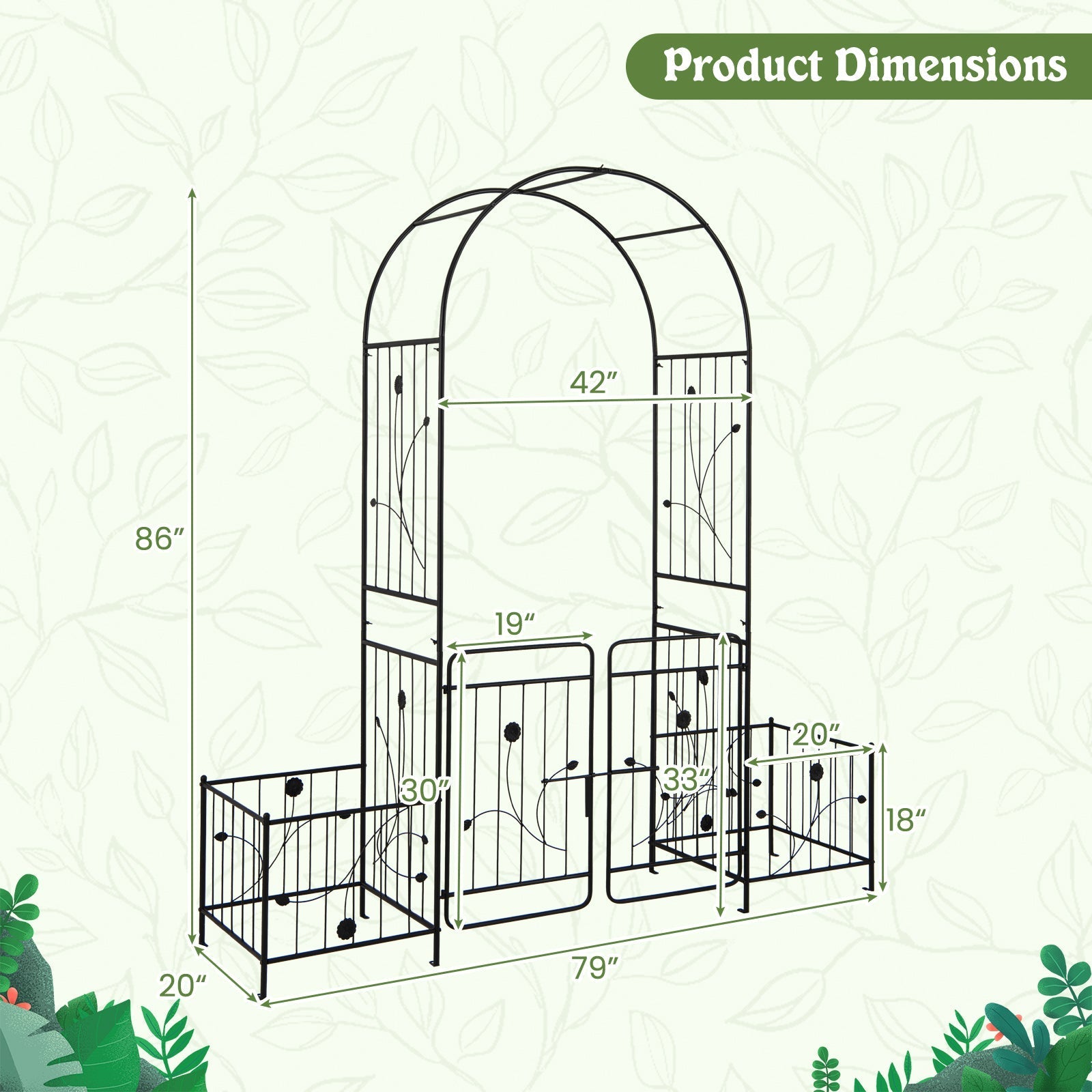 87 Inches Garden Arbor with Lockable Gate Side Planters-Black - Cheeky Garden