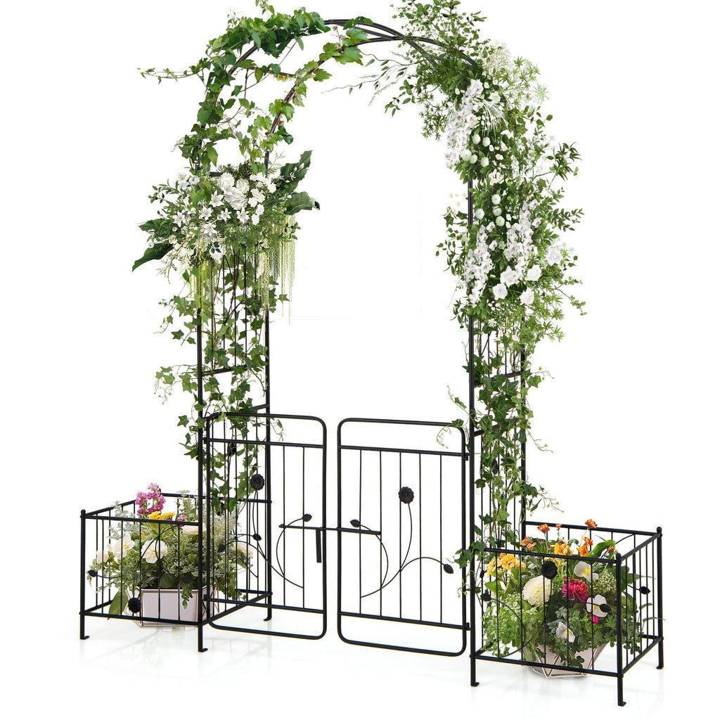87 Inches Garden Arbor with Lockable Gate Side Planters-Black - Cheeky Garden