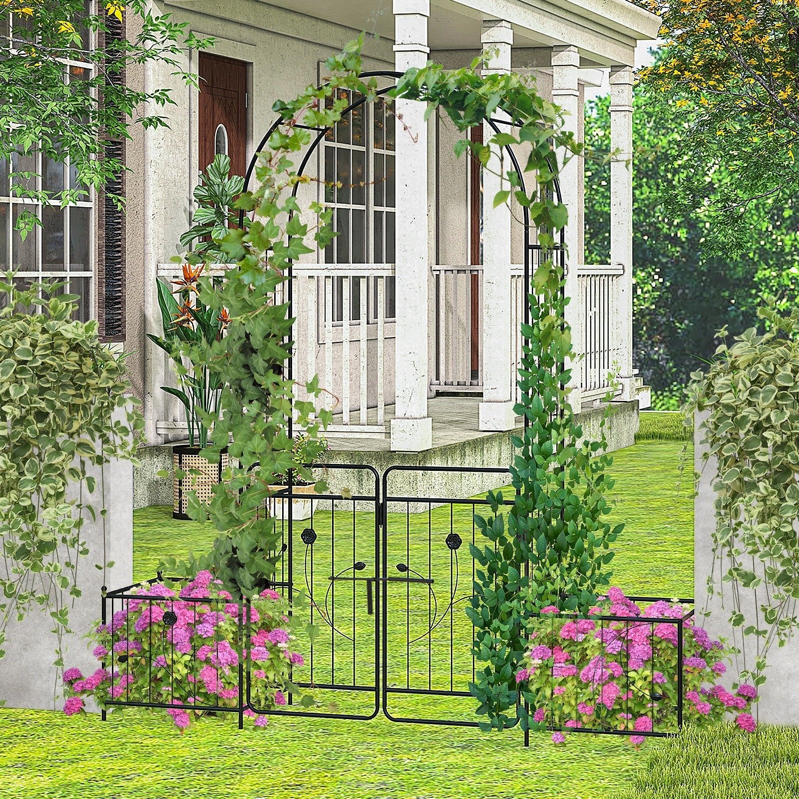 87 Inches Garden Arbor with Lockable Gate Side Planters-Black - Cheeky Garden