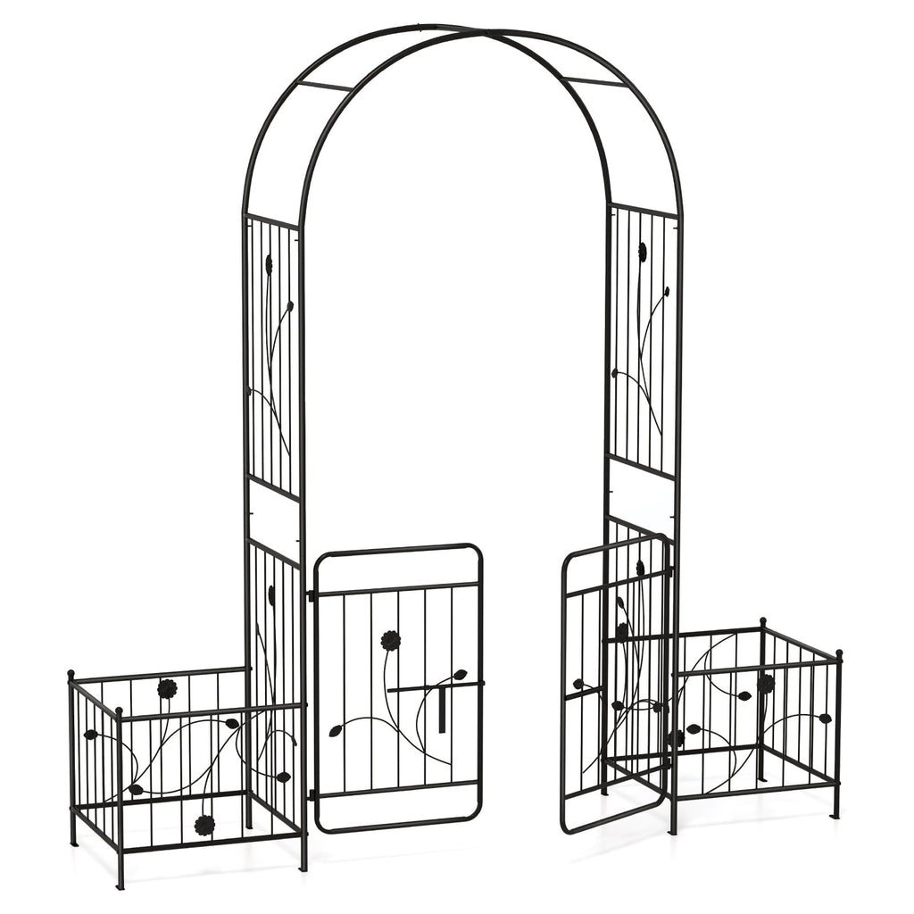 87 Inches Garden Arbor with Lockable Gate Side Planters-Black - Cheeky Garden