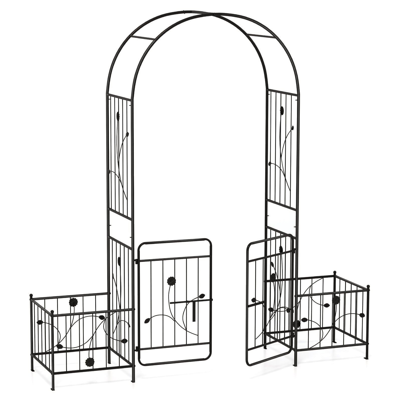 87 Inches Garden Arbor with Lockable Gate Side Planters-Black - Cheeky Garden