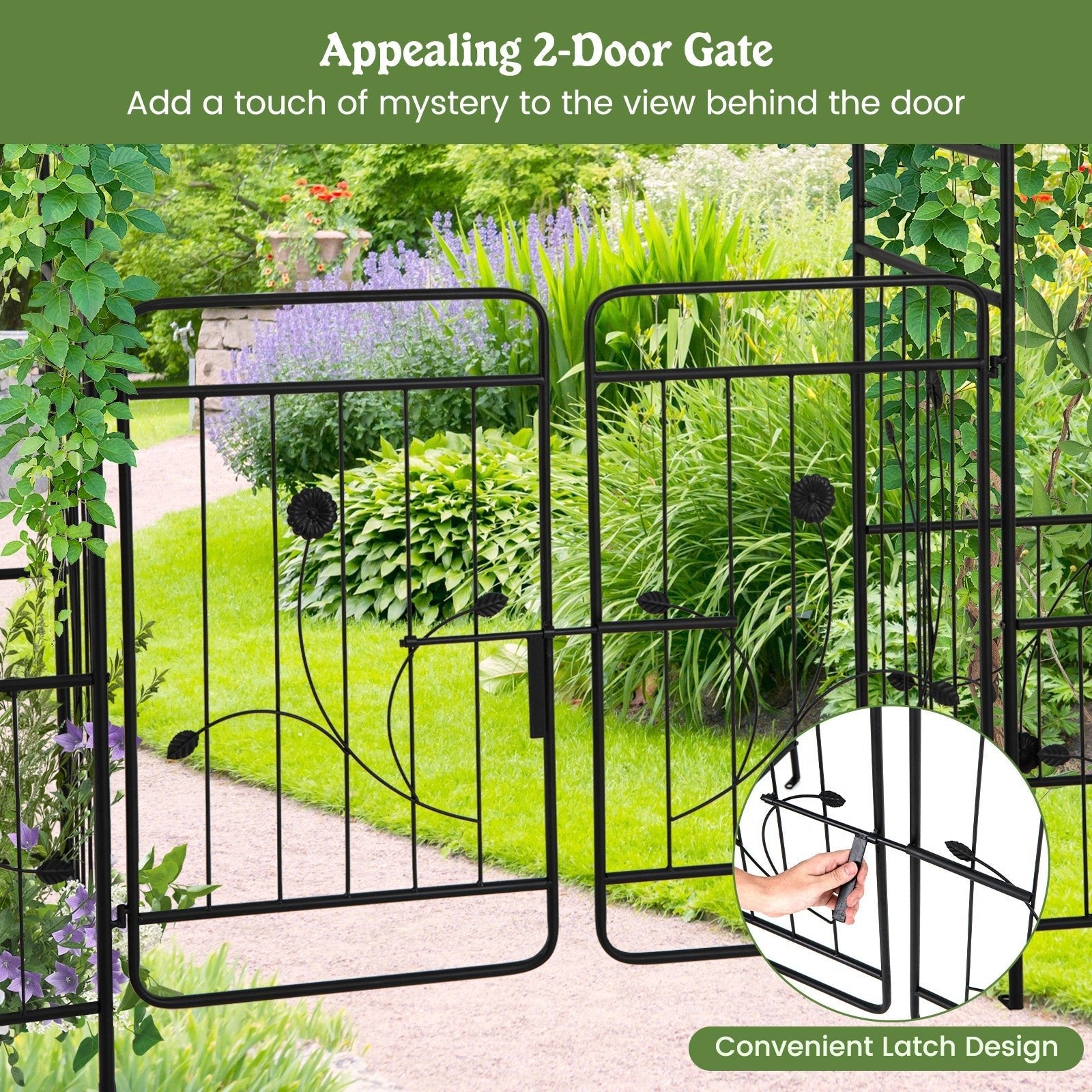 87 Inches Garden Arbor with Lockable Gate Side Planters-Black - Cheeky Garden