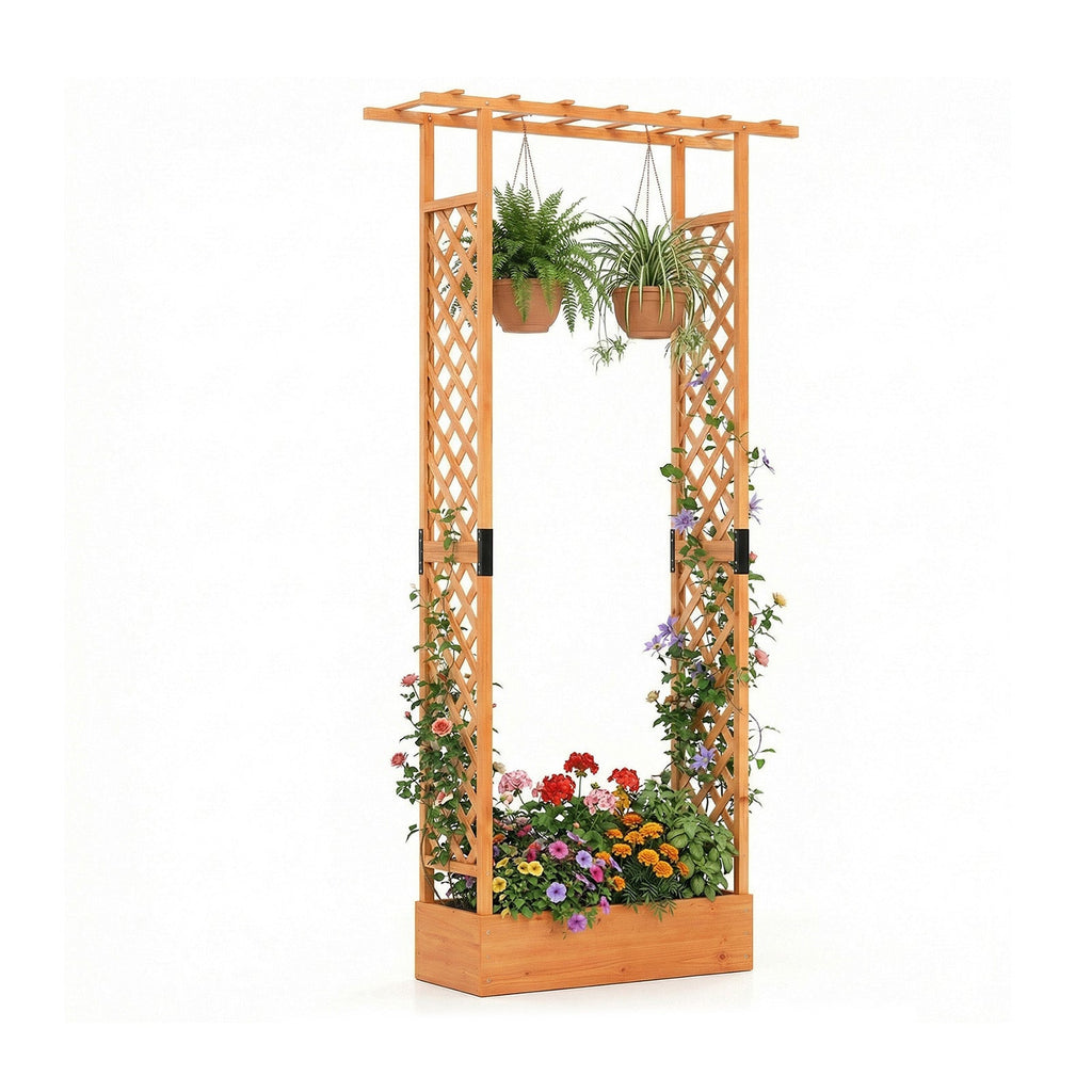 89 Inch Tall Wooden Raised Garden Bed with Side Trellis and Hanging Roof Drainage Holes - Cheeky Garden