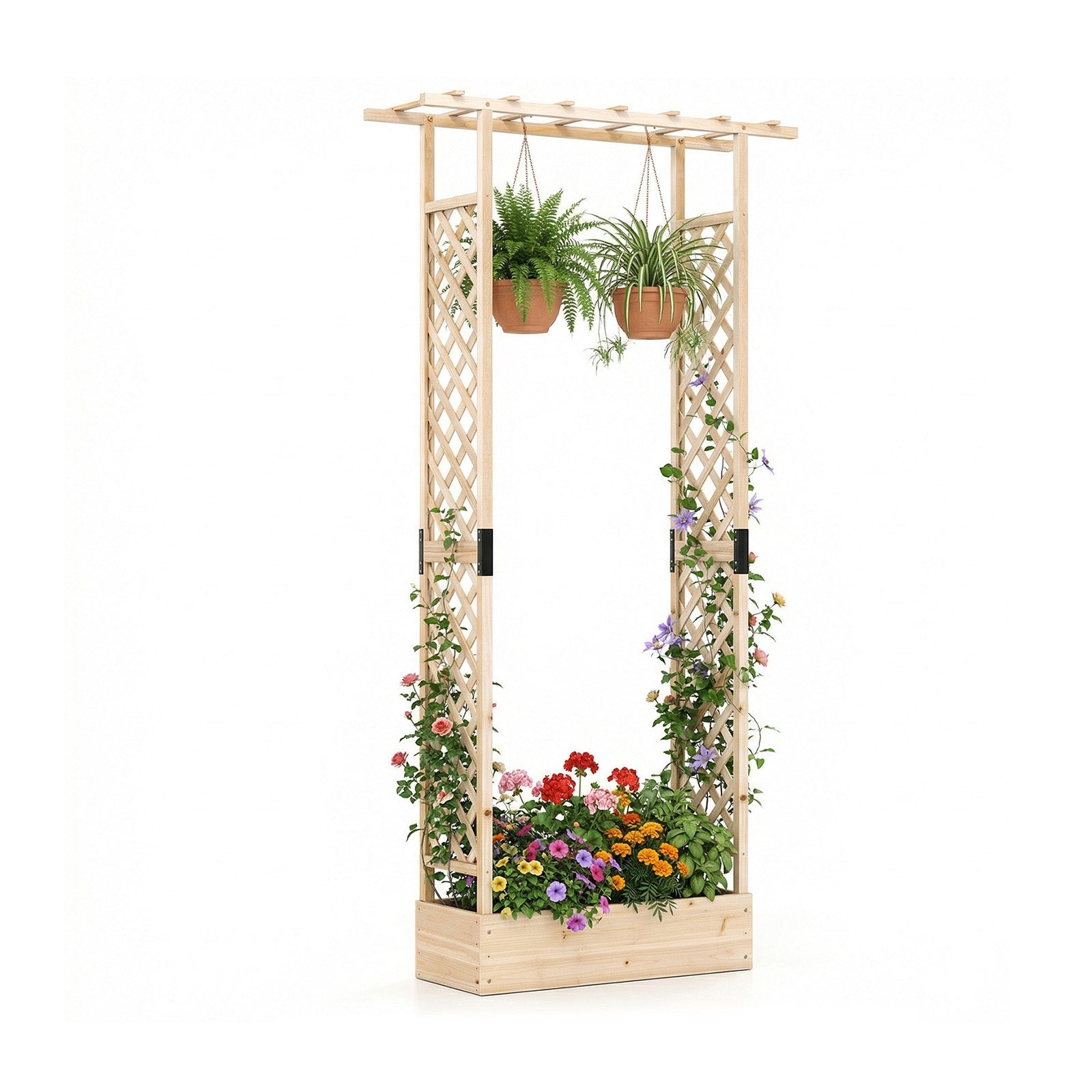 89 Inch Tall Wooden Raised Garden Bed with Side Trellis and Hanging Roof Drainage Holes - Cheeky Garden