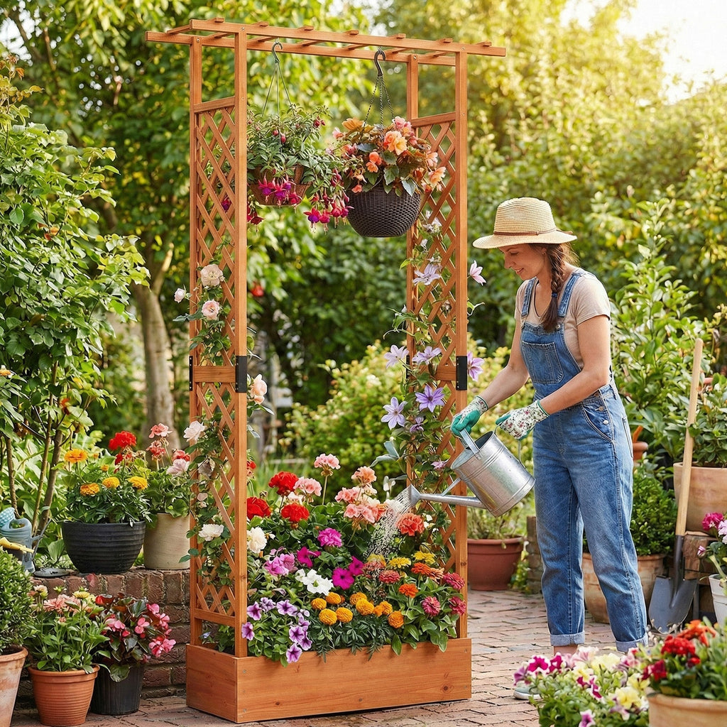 89 Inch Tall Wooden Raised Garden Bed with Side Trellis and Hanging Roof Drainage Holes - Cheeky Garden