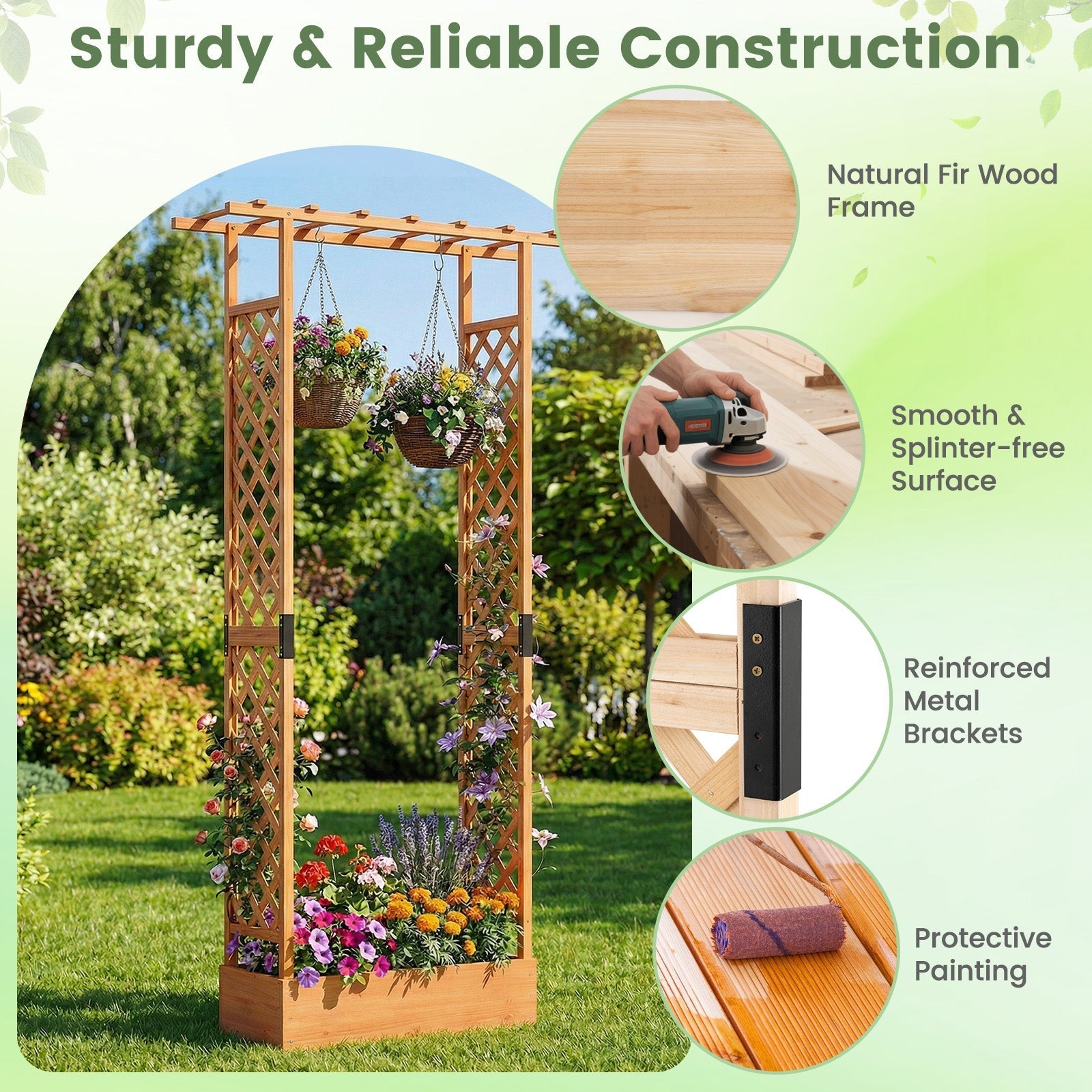89 Inch Tall Wooden Raised Garden Bed with Side Trellis and Hanging Roof Drainage Holes - Cheeky Garden