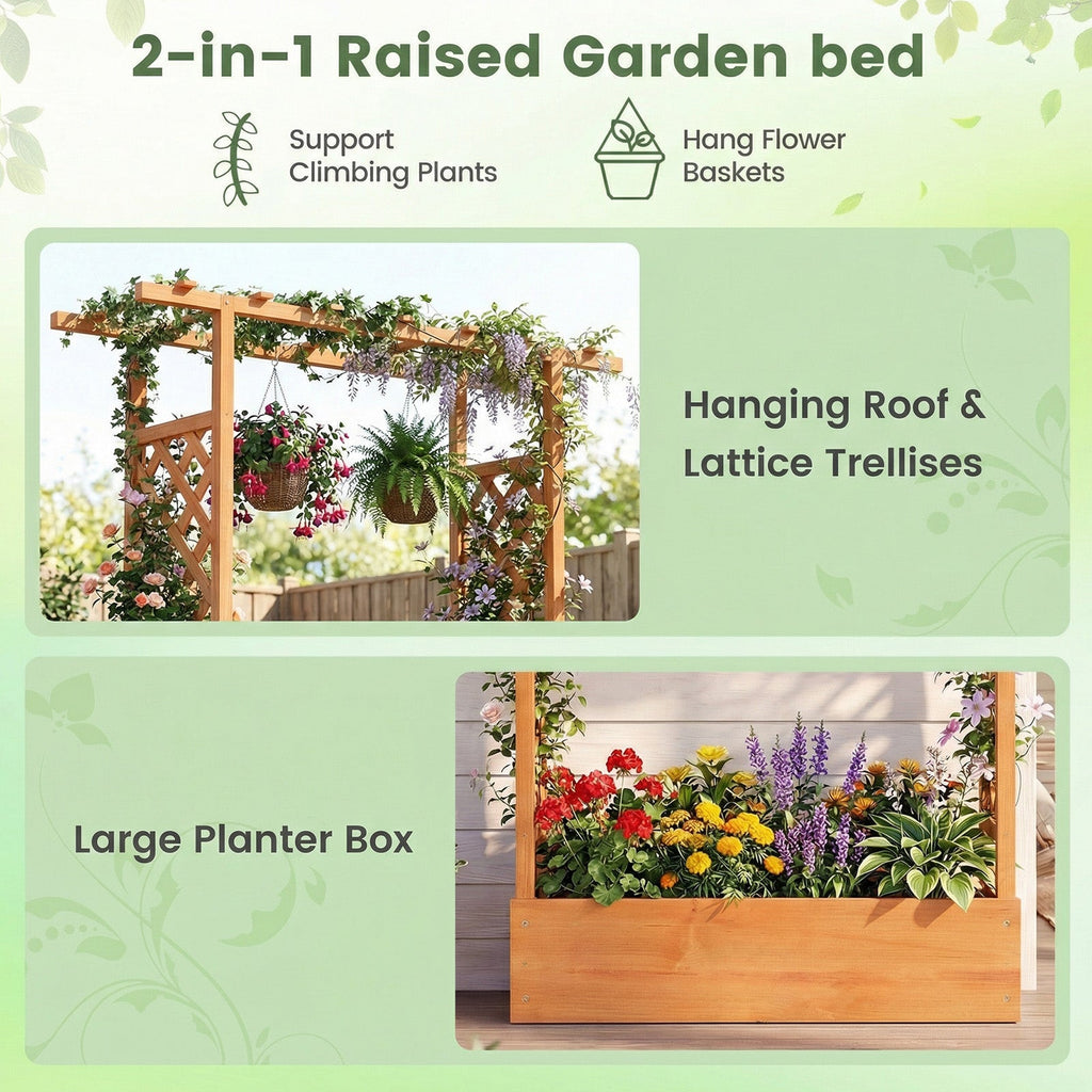 89 Inch Tall Wooden Raised Garden Bed with Side Trellis and Hanging Roof Drainage Holes - Cheeky Garden