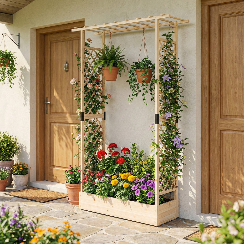89 Inch Tall Wooden Raised Garden Bed with Side Trellis and Hanging Roof Drainage Holes - Cheeky Garden