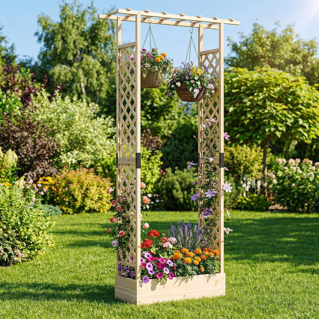 89 Inch Tall Wooden Raised Garden Bed with Side Trellis and Hanging Roof Drainage Holes - Cheeky Garden