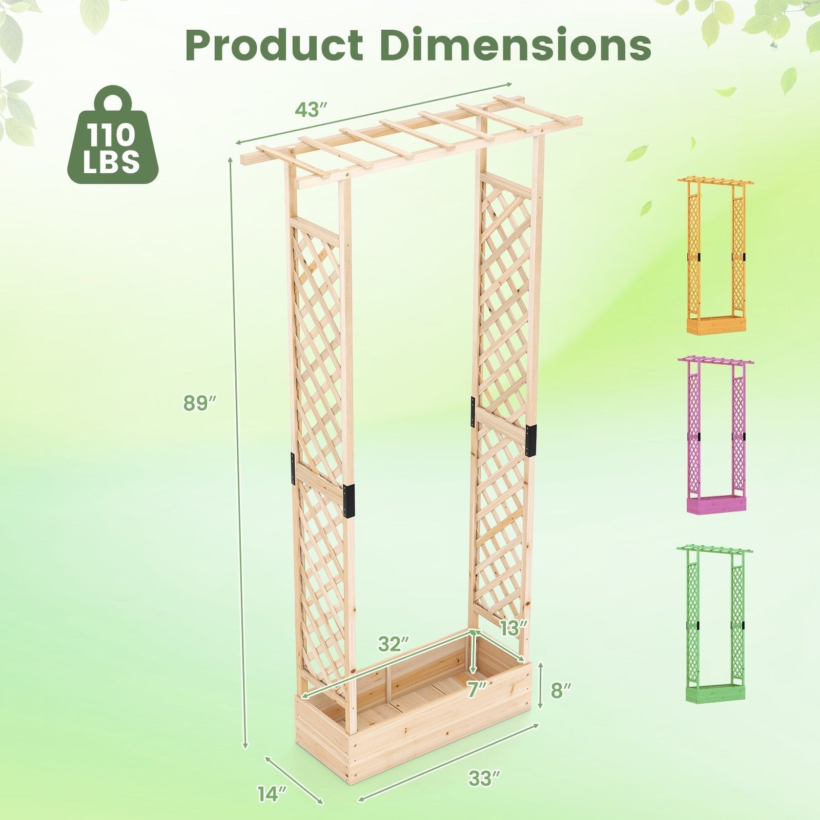 89 Inch Tall Wooden Raised Garden Bed with Side Trellis and Hanging Roof Drainage Holes - Cheeky Garden