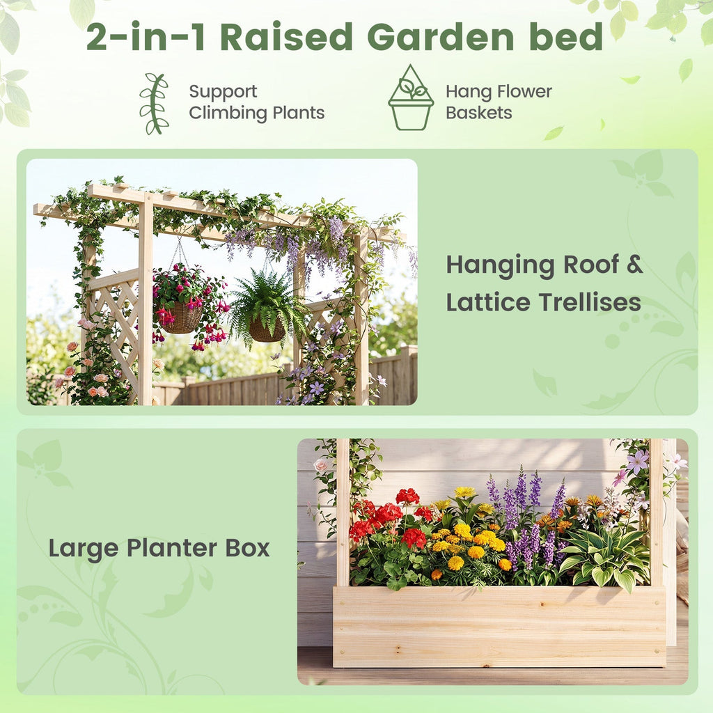 89 Inch Tall Wooden Raised Garden Bed with Side Trellis and Hanging Roof Drainage Holes - Cheeky Garden