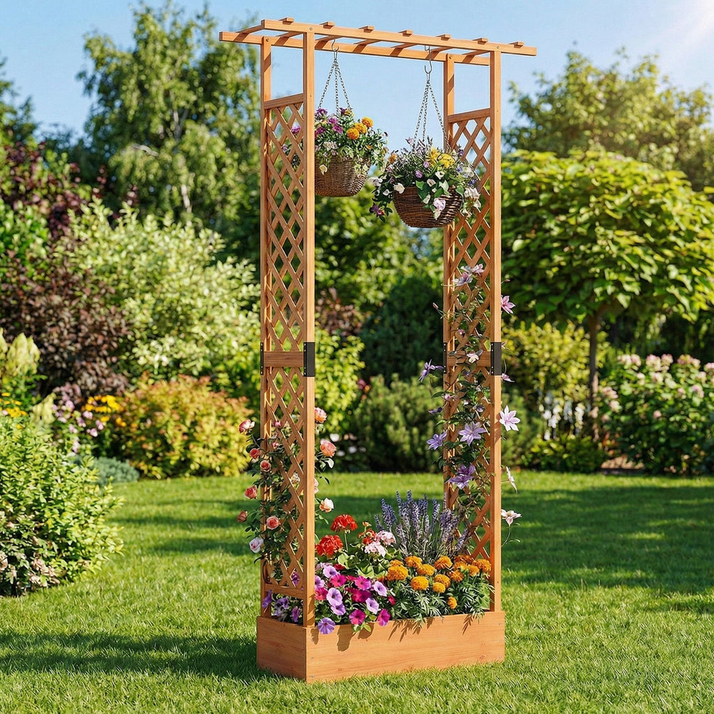 89 Inch Tall Wooden Raised Garden Bed with Side Trellis and Hanging Roof Drainage Holes - Cheeky Garden
