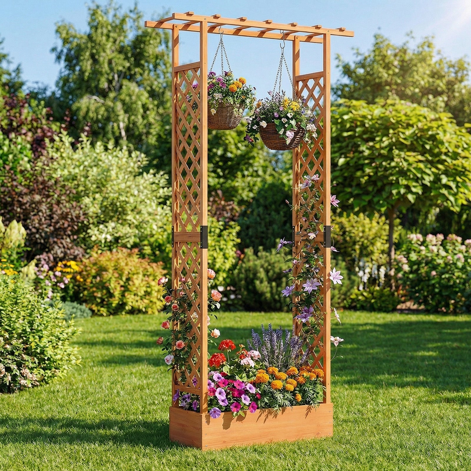 89 Inch Tall Wooden Raised Garden Bed with Side Trellis and Hanging Roof Drainage Holes - Cheeky Garden