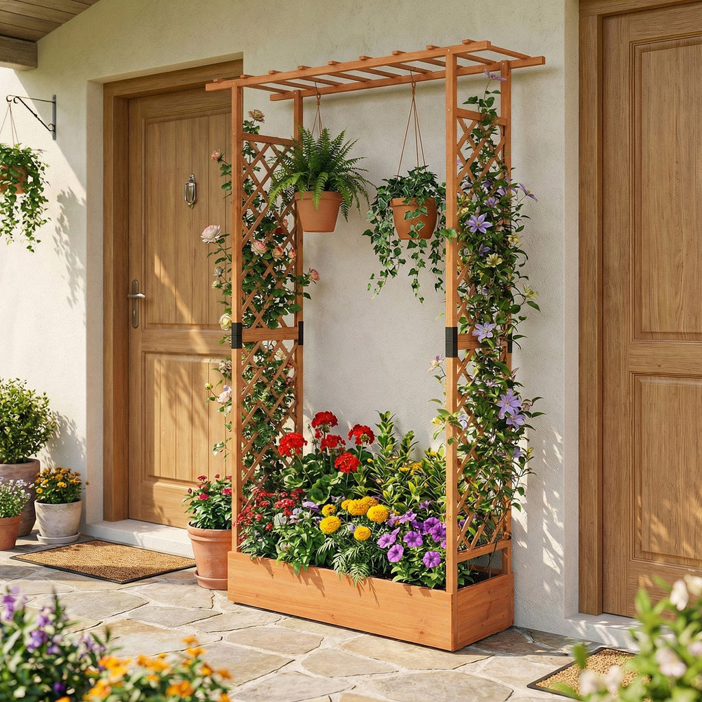 89 Inch Tall Wooden Raised Garden Bed with Side Trellis and Hanging Roof Drainage Holes - Cheeky Garden