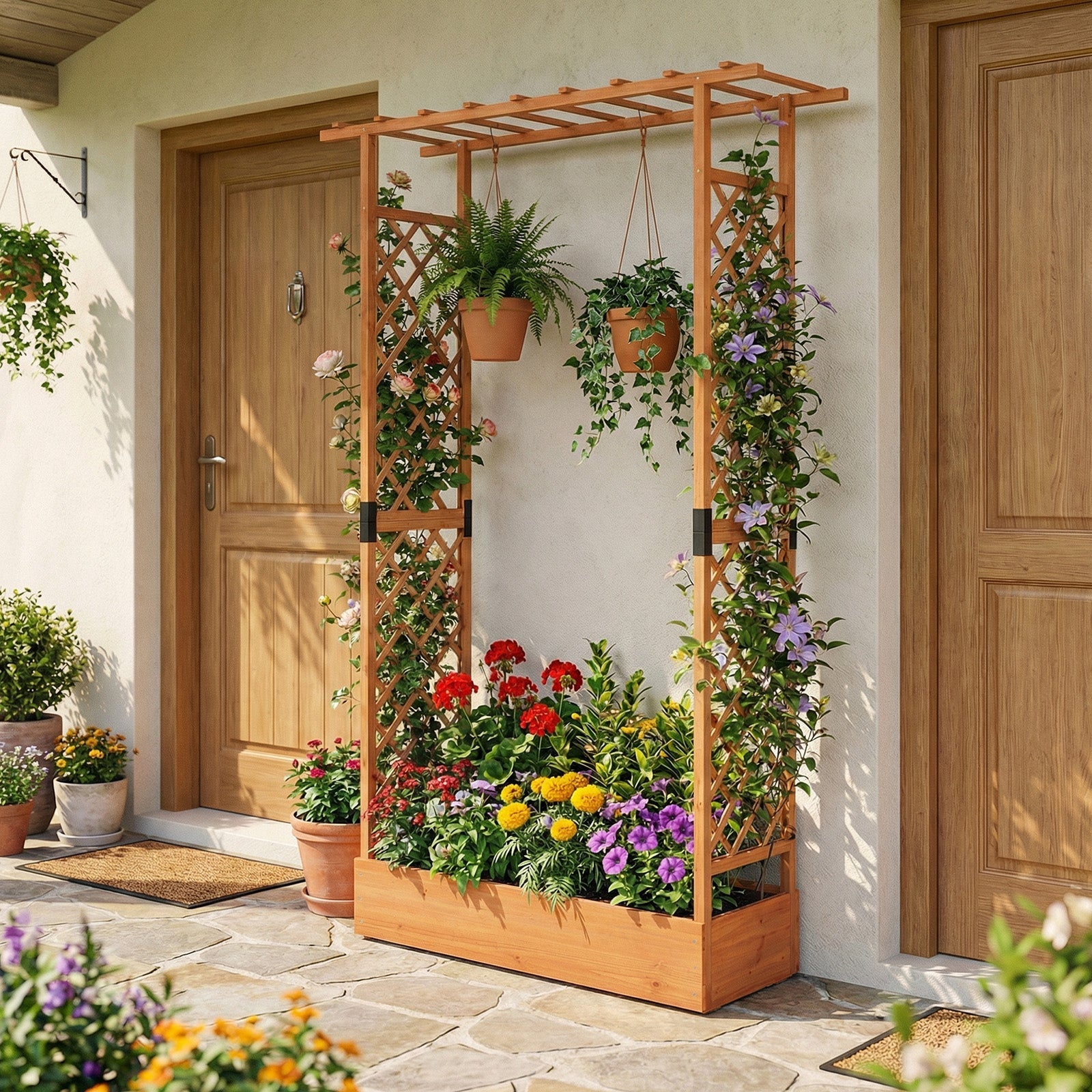 89 Inch Tall Wooden Raised Garden Bed with Side Trellis and Hanging Roof Drainage Holes - Cheeky Garden