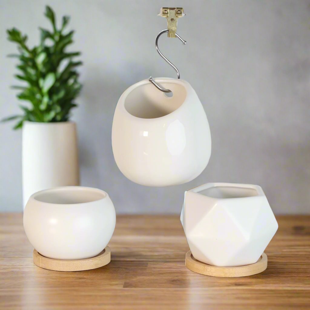 Minimalistic Ceramic White Planter Bundle — Set of 3