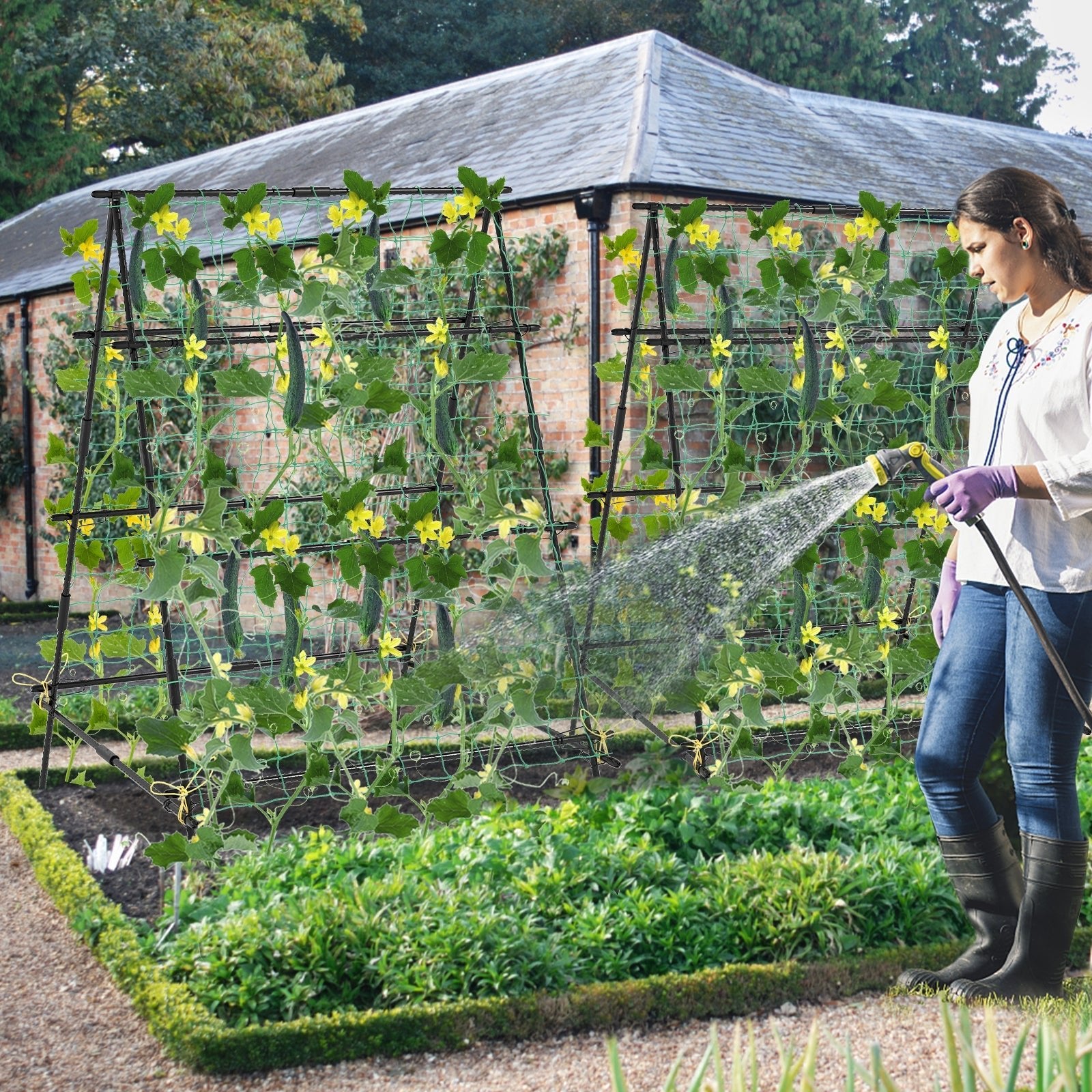 A-Frame Garden Cucumber Trellis with Netting for Climbing Plants Outdoor-Black - Cheeky Garden