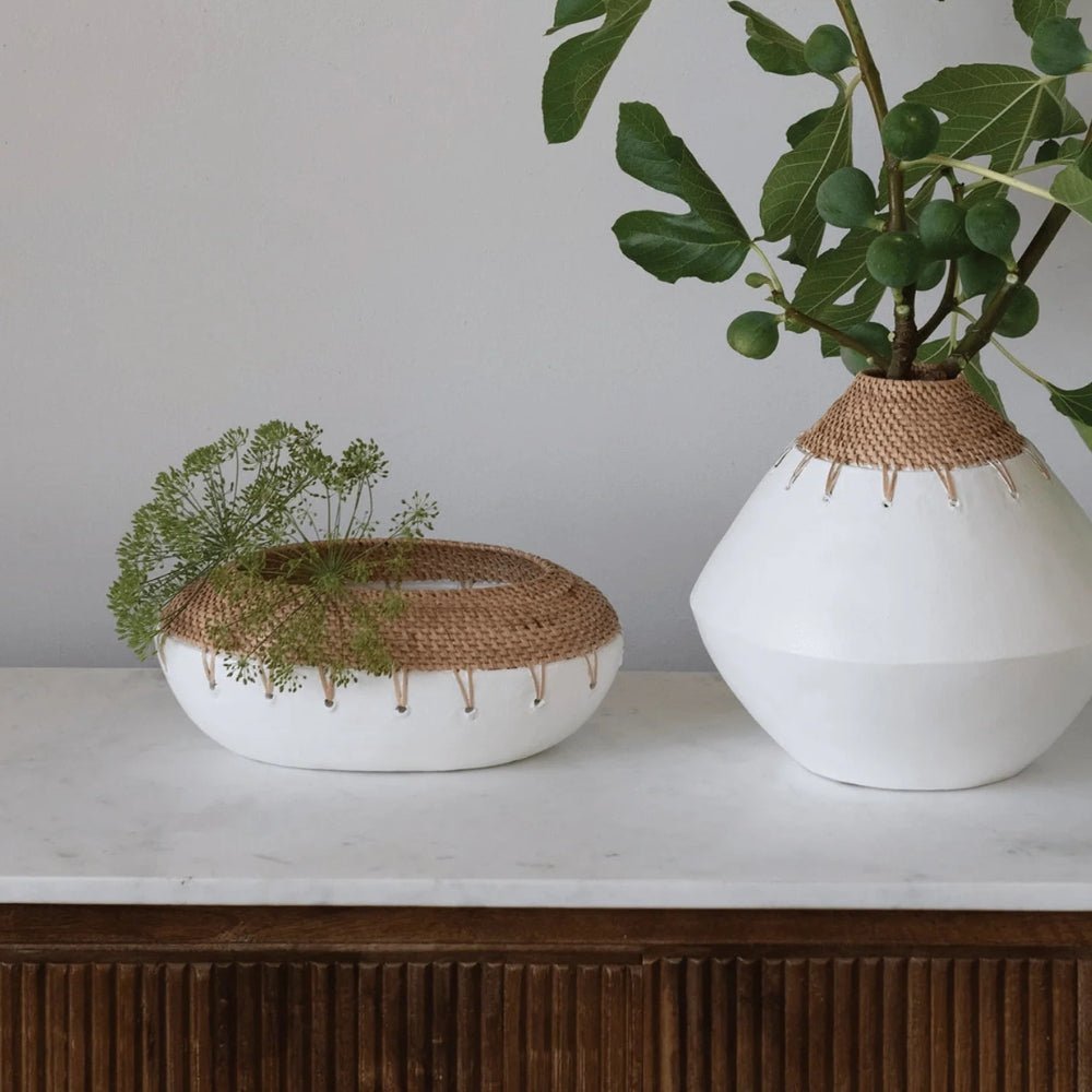 Benton Terracotta Planter with Hand-Woven Rattan Stitching - Cheeky Garden
