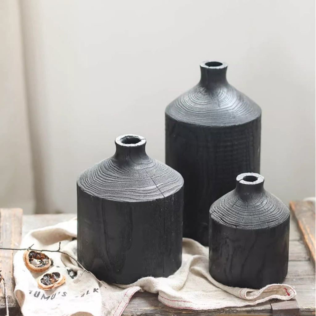 Black Wooden Vase Narrow Neck Decorative Bottle - Cheeky Garden