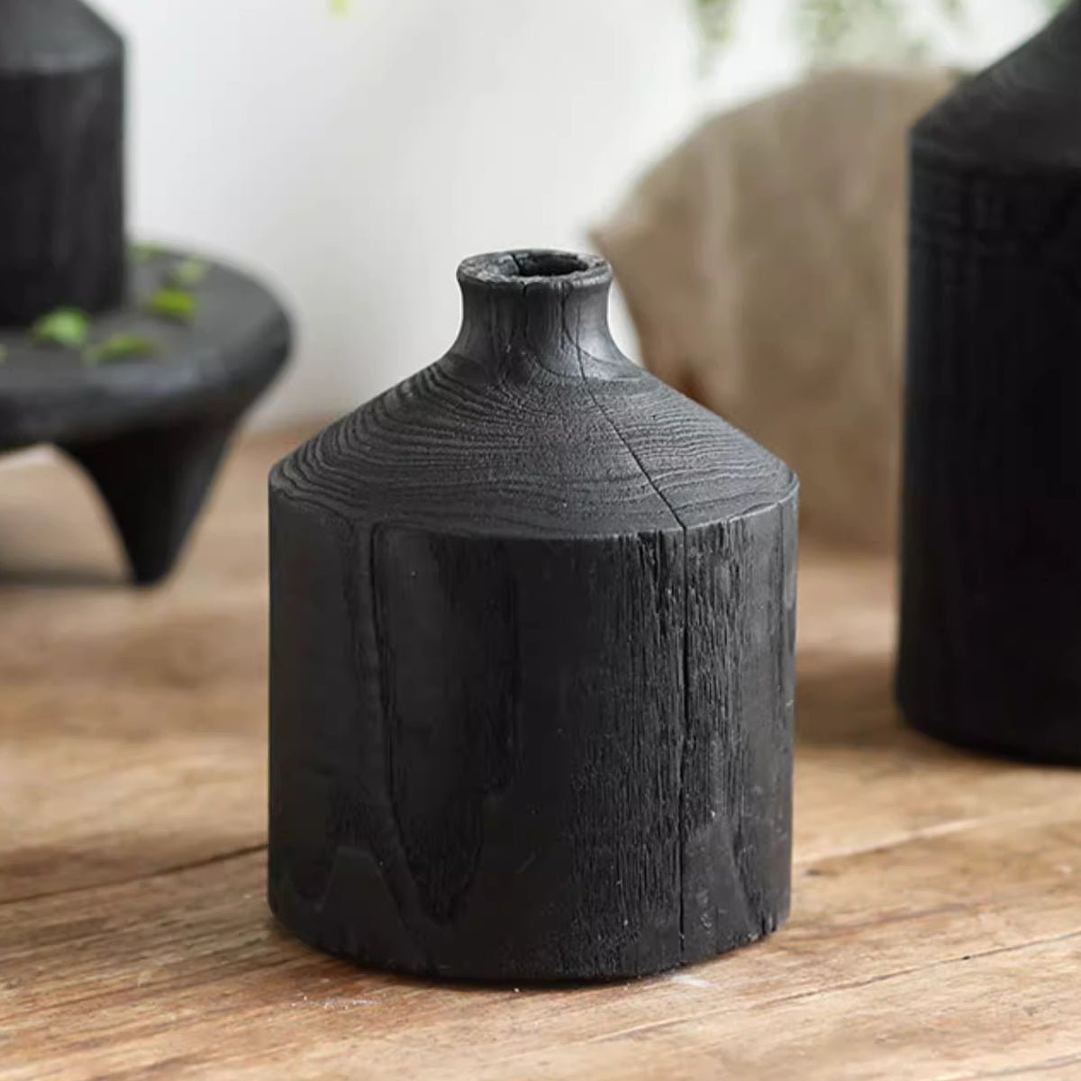 Black Wooden Vase Narrow Neck Decorative Bottle - Cheeky Garden