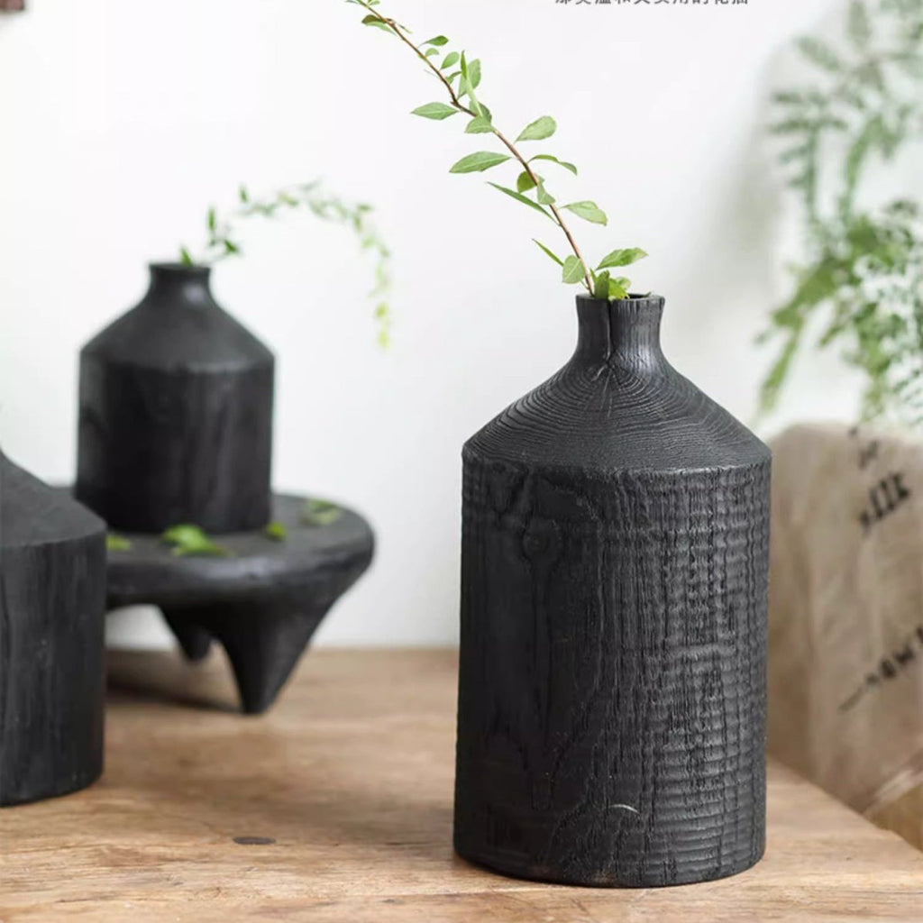 Black Wooden Vase Narrow Neck Decorative Bottle - Cheeky Garden