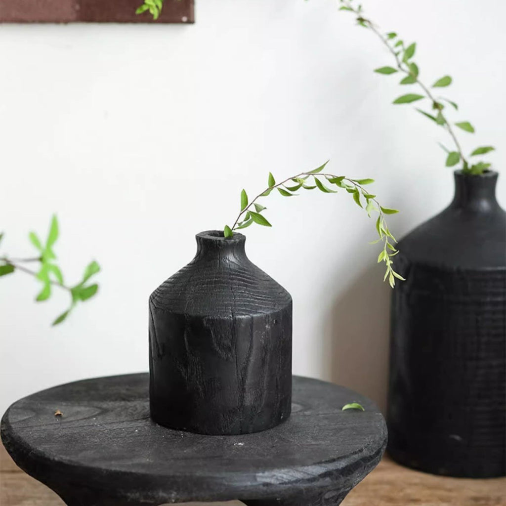 Black Wooden Vase Narrow Neck Decorative Bottle - Cheeky Garden