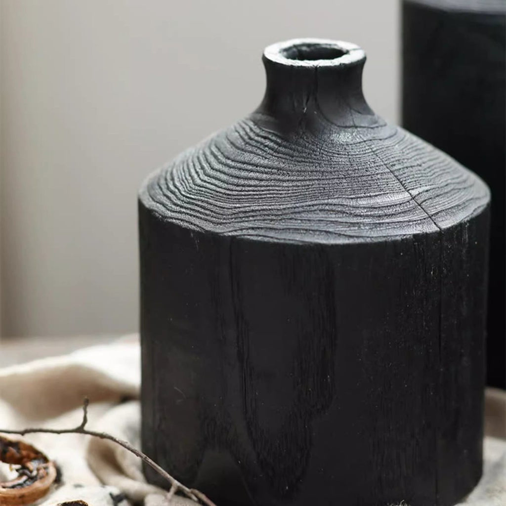 Black Wooden Vase Narrow Neck Decorative Bottle - Cheeky Garden