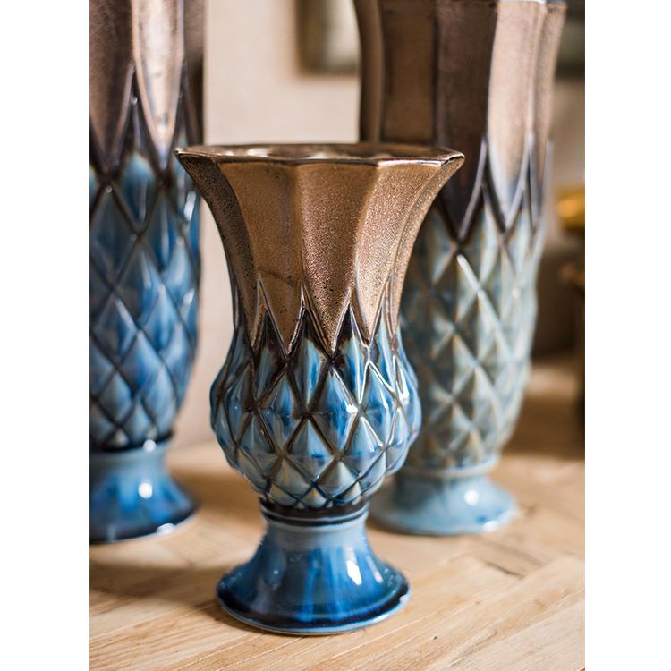 Blue Gold Grid Pattern Glazed Ceramic Vase Collection - Cheeky Garden
