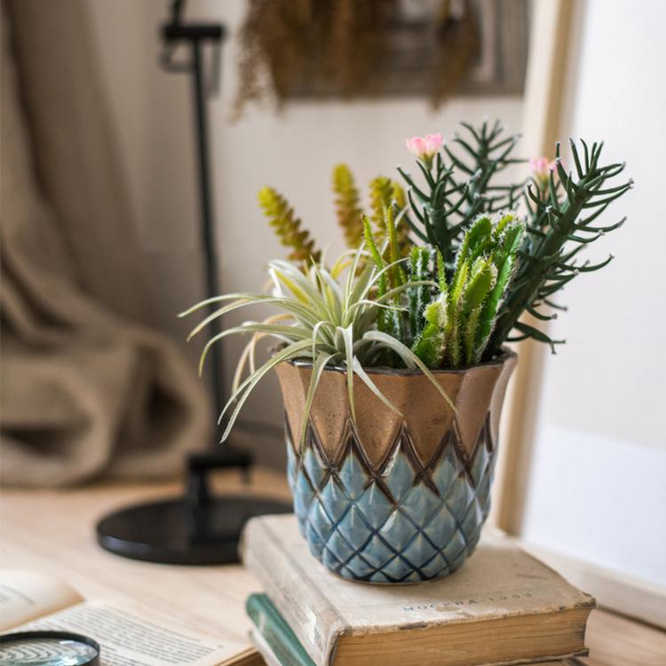 Blue Gold Grid Pattern Glazed Ceramic Vase Collection - Cheeky Garden