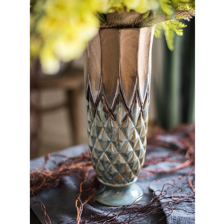 Blue Gold Grid Pattern Glazed Ceramic Vase Collection - Cheeky Garden