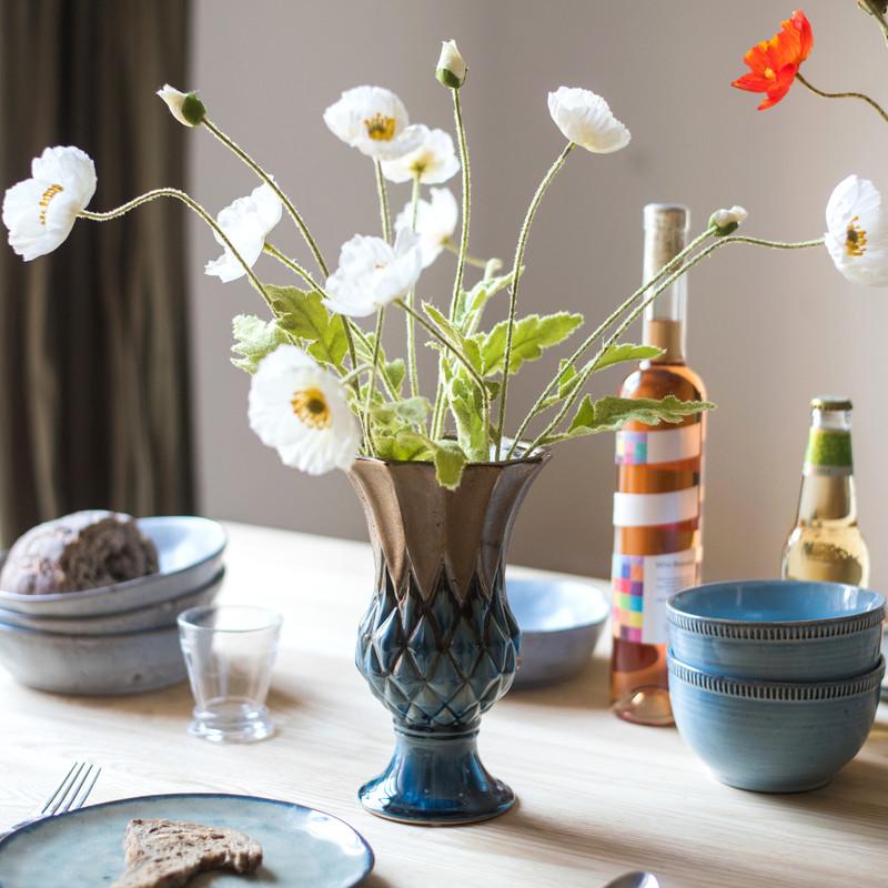 Blue Gold Grid Pattern Glazed Ceramic Vase Collection - Cheeky Garden