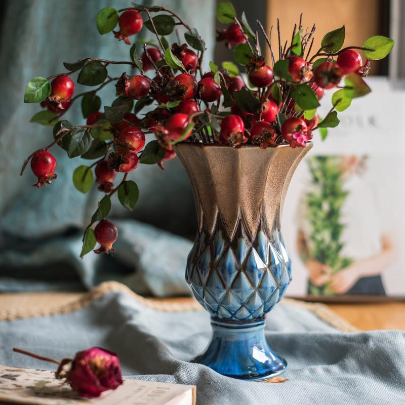 Blue Gold Grid Pattern Glazed Ceramic Vase Collection - Cheeky Garden